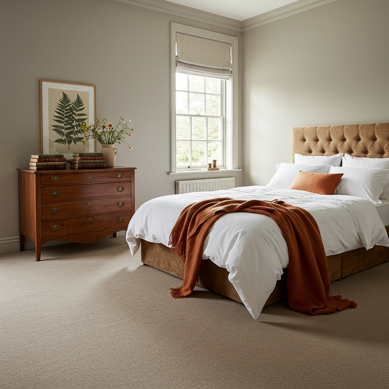 Cozy bedroom with beige carpet flooring and earth toned decor
