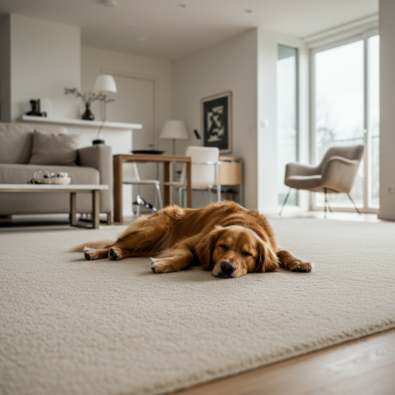 Dog sleeping on a soft high pile carpet floor