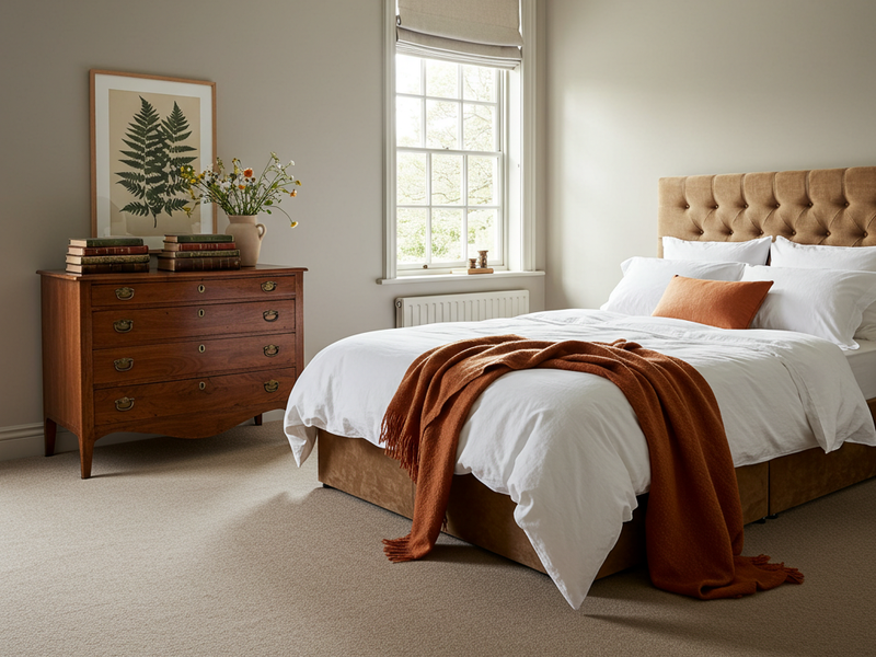 Cozy bedroom with beige carpet flooring and earth toned decor
