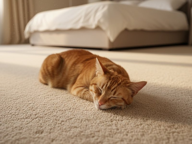 Cat sleeping on a soft loop carpet floor