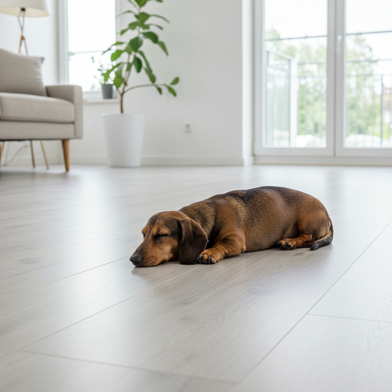 Small dog sleeping on LVT flooring